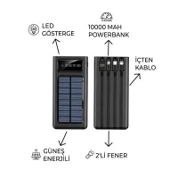 EccoTech 10.000 Mah Solar (Güneş Enerjili) Dahili Kablolu Siyah Renk Powerbank