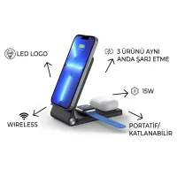 EccoTech 15W Wireless  Katlanabilir Led Logolu  Şarj Cihazı  3in1