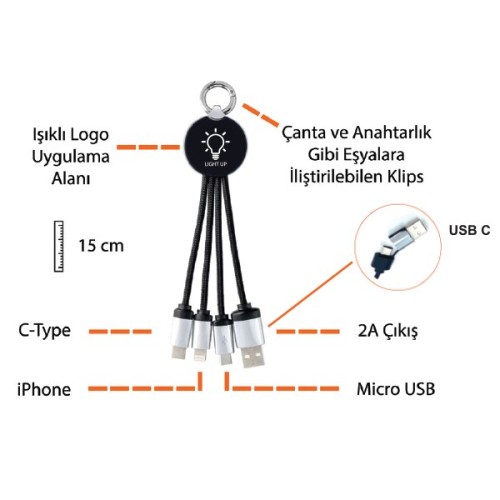 Işıklı Kısa Şarj Kablosu Kl10 Type-C Uçlu (Çantalı)