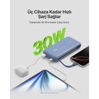 Belkin BoostCharge Powerbank, 20K Entegre Kablolu Taşınabilir Güç Kaynağı, 30 W Güç İletimli Hızlı Şarj, USB-C, Mavi