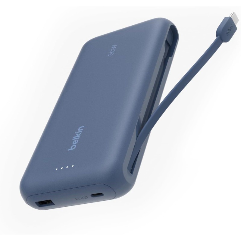 Belkin BoostCharge Powerbank, 20K Entegre Kablolu Taşınabilir Güç Kaynağı, 30 W Güç İletimli Hızlı Şarj, USB-C, Mavi