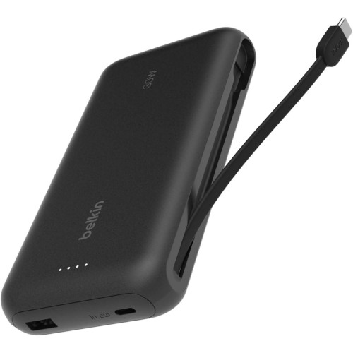 Belkin BoostCharge Powerbank, 20K Entegre Kablolu Taşınabilir Güç Kaynağı, 30 W Güç İletimli Hızlı Şarj, USB-C, Siyah