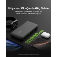 Belkin BoostCharge Powerbank, 20K Entegre Kablolu Taşınabilir Güç Kaynağı, 30 W Güç İletimli Hızlı Şarj, USB-C, Siyah