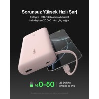 Belkin BoostCharge Powerbank, 20K Entegre Kablolu Taşınabilir Güç Kaynağı, 30 W Güç İletimli Hızlı Şarj, USB-C, Pembe