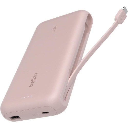 Belkin BoostCharge Powerbank, 20K Entegre Kablolu Taşınabilir Güç Kaynağı, 30 W Güç İletimli Hızlı Şarj, USB-C, Pembe