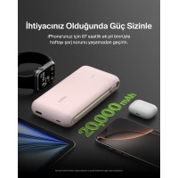 Belkin BoostCharge Powerbank, 20K Entegre Kablolu Taşınabilir Güç Kaynağı, 30 W Güç İletimli Hızlı Şarj, USB-C, Pembe