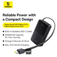 Baseus EnerFill Bipow2 Pro 20000mAh Power Bank with Built-in USB-C Cable, 22.5W Fast Charging, LED Display - Siyah