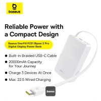 Baseus EnerFill Bipow2 Pro 20000mAh Power Bank with Built-in USB-C Cable, 22.5W Fast Charging, LED Display - Beyaz