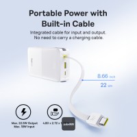 Baseus EnerFill Bipow2 Pro 20000mAh Power Bank with Built-in USB-C Cable, 22.5W Fast Charging, LED Display - Beyaz