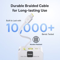 Baseus EnerFill Bipow2 Pro 20000mAh Power Bank with Built-in USB-C Cable, 22.5W Fast Charging, LED Display - Beyaz