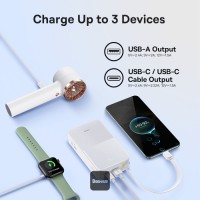 Baseus EnerFill Bipow2 Pro 20000mAh Power Bank with Built-in USB-C Cable, 22.5W Fast Charging, LED Display - Beyaz