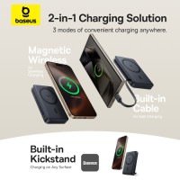 Baseus Nomos 3-in-1 10000mAh Power Bank - Qi2 Certified 15W Wireless Charger, 45W Built-In Two-Way Fast Charging Cable, Type-C Port, Kickstand - Black
