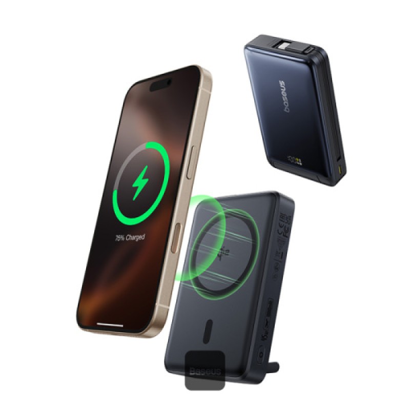 Baseus Nomos 3-in-1 10000mAh Power Bank - Qi2 Certified 15W Wireless Charger, 45W Built-In Two-Way Fast Charging Cable, Type-C Port, Kickstand - Black