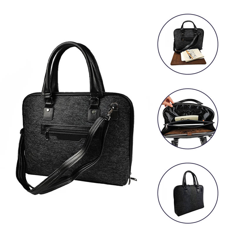 Leather Strap Felt Laptop Document Bag