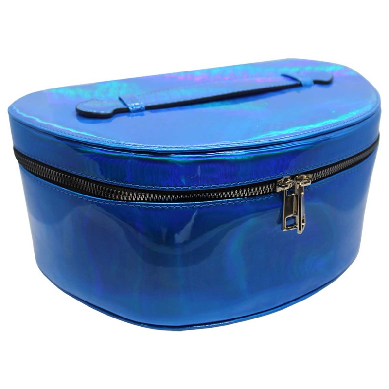 Oval Triangle Navy Hologram Laser Leather Travel Makeup and Care Bag