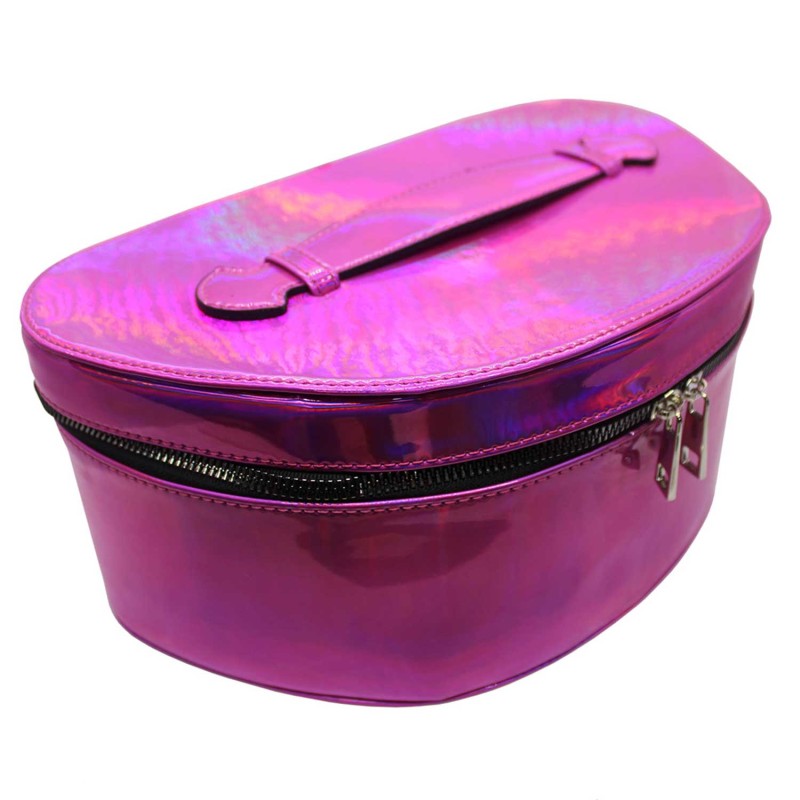 Oval Triangle Fuchsia Hologram Laser Leather Travel Makeup and Care Bag