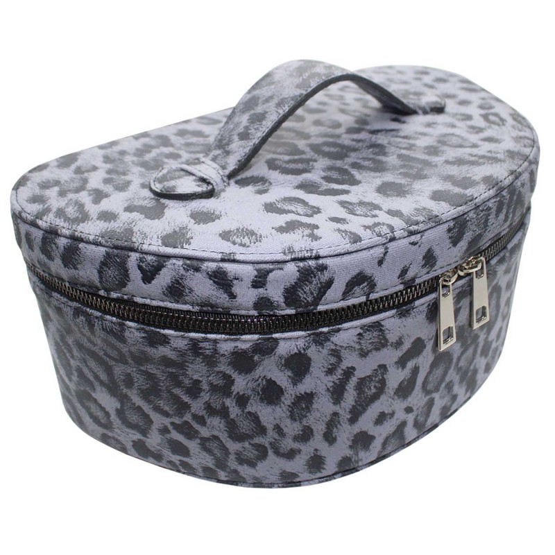 Oval Triangle Grey Leopard Leather Travel Makeup and Care Bag