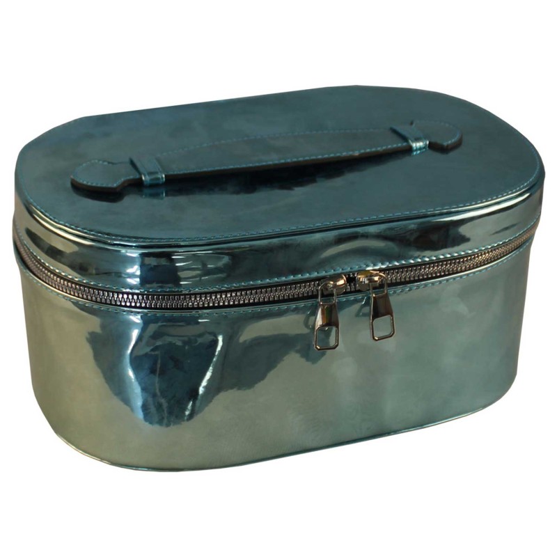 Oval Green Mirror Leather Travel Makeup and Care Bag