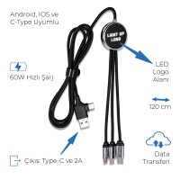 Işıklı Logo 60W Hızlı Type-C Uçlu Data Transferli Şarj Kablosu