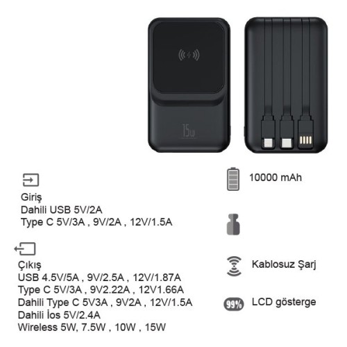 10000 mAh Magsafe 22.5w Hızlı Şarjlı 15W Hızlı Wireless Powerbank K150