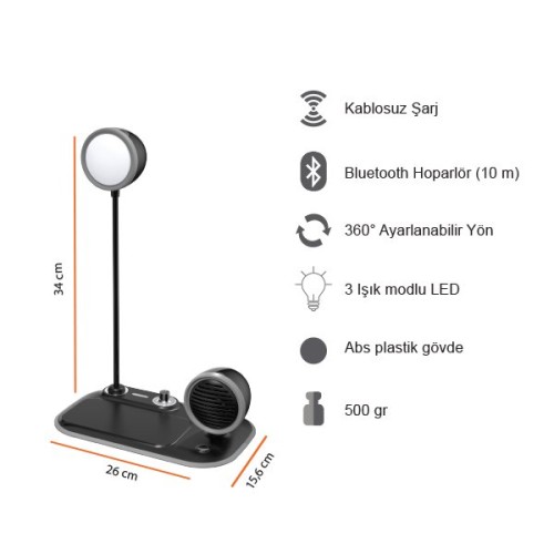 Kablosuz Şarj Cihazı W75 (Led Lamba-Hoparlör)