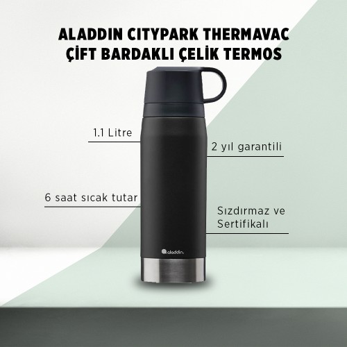 Aladdin CityPark Thermavac Çift Bardaklı Çelik Termos 1.1 LT - Siyah